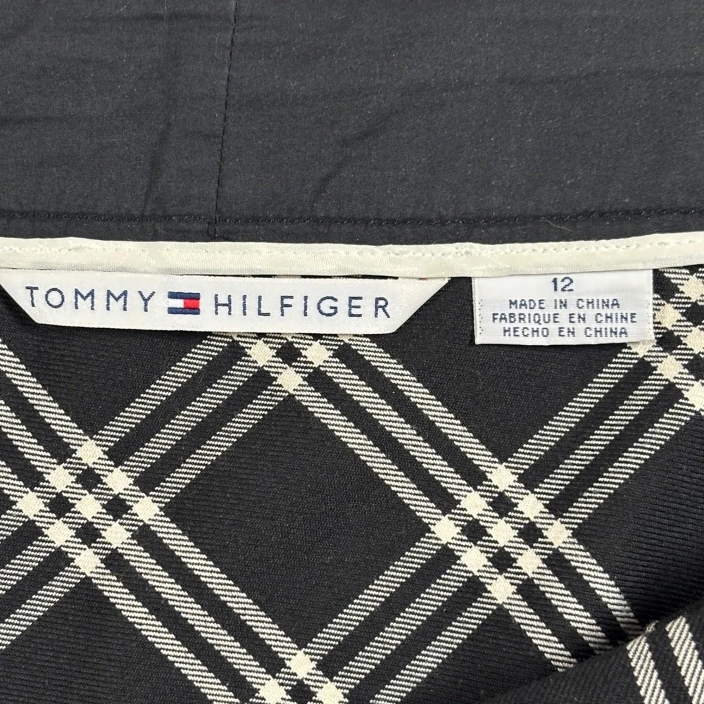 Tommy Hilfiger Women Plaid A-Line Skirt Tie Waist Black White‎ 12 VTG